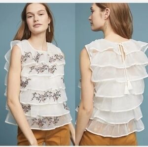 Anthropologie Seen Worn Kept White Embroidered Floral Tiered Blouse